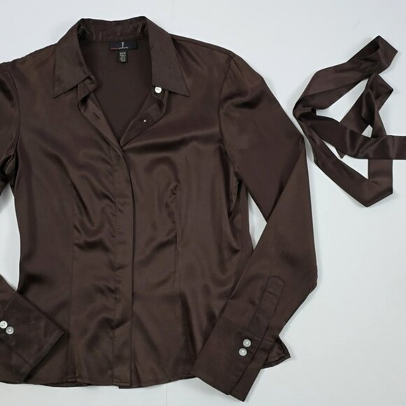F Carriere Women's Silk Blend Espresso Brown Long Sleeves Button Down Blouse XS - Picture 10 of 16